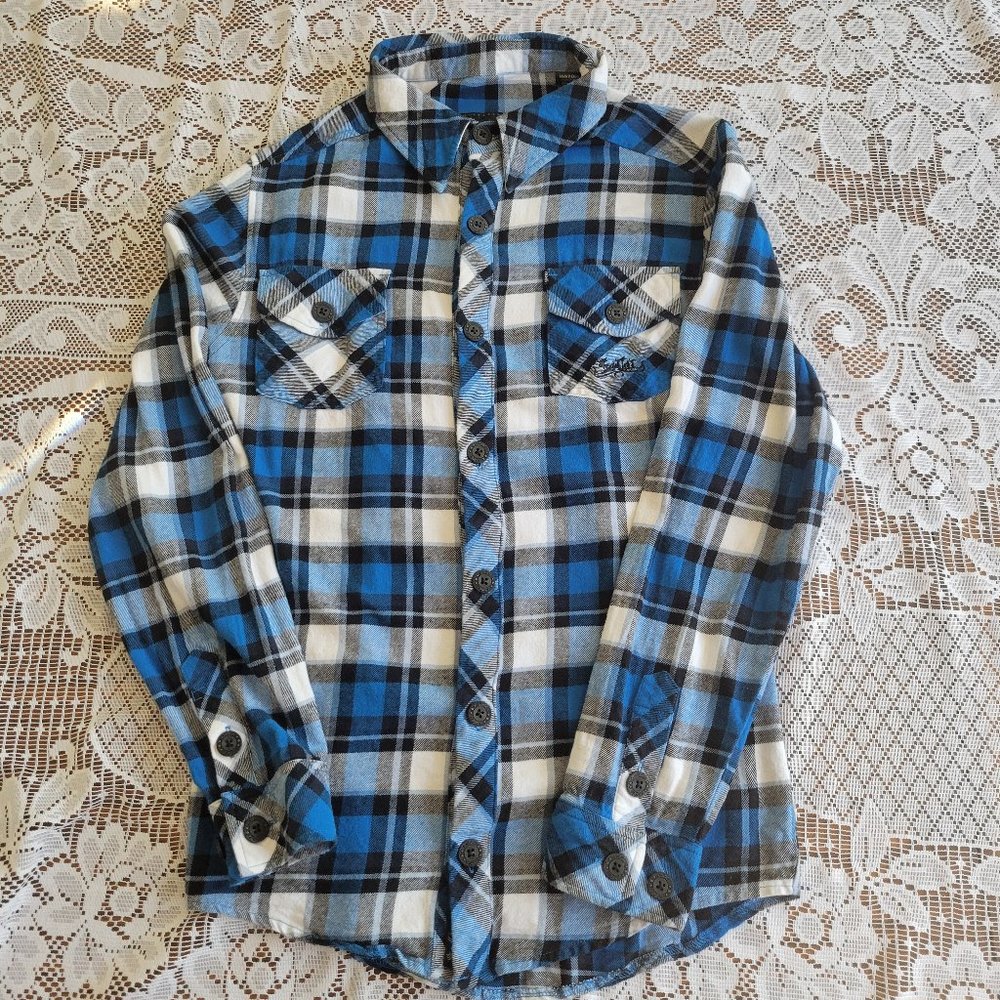 SoCal Men's Blue Black White Plaid Long-Sleeve Button-Up Shirt | Size: S